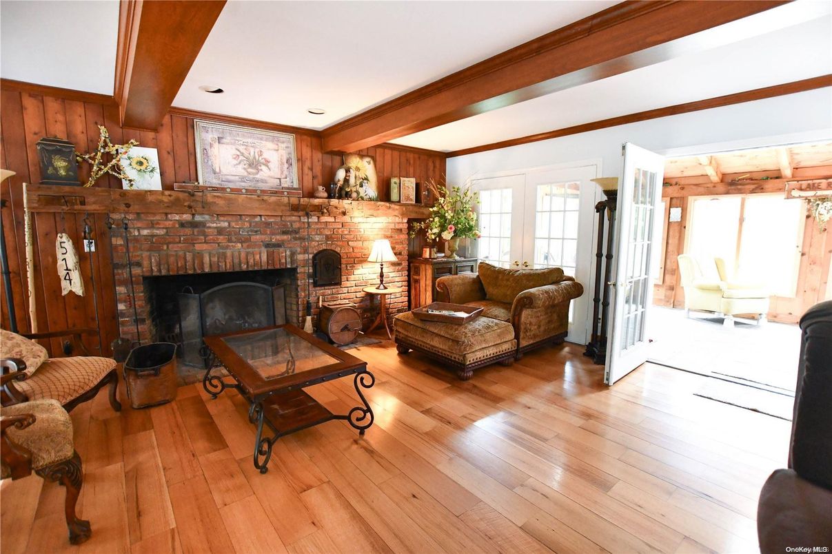 Fireplace, Interior, Living room, Recessed Lighting, Wooden Beams, Wood Texture Flooring, Wooden Walls