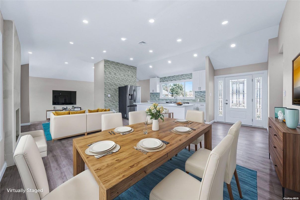Dining room, Interior, Kitchen, Living room, Recessed Lighting, Stainless Steel Appliances, Wood Texture Flooring