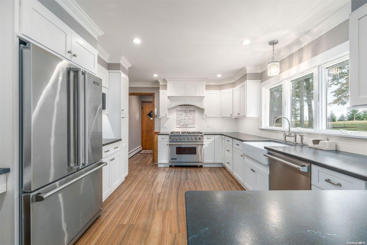 Interior, Kitchen, Pendant Lights, Recessed Lighting, Stainless Steel Appliances, Wood Texture Flooring