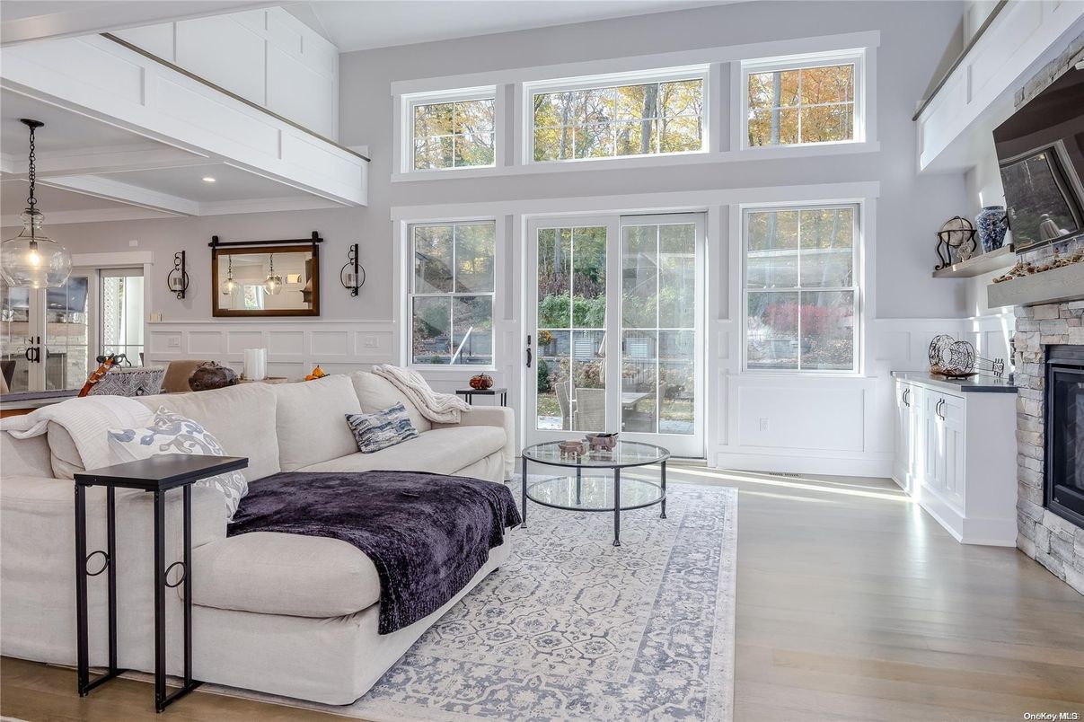 Fireplace, Interior, Living room, Pendant Lights, Wood Texture Flooring
