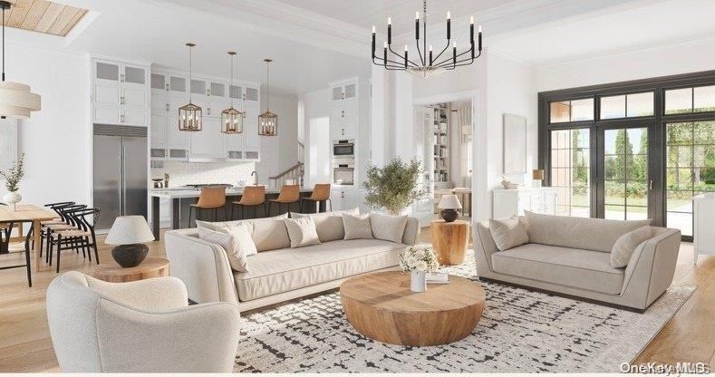 Chandelier, Dining room, Interior, Kitchen, Living room, Pendant Lights, Stainless Steel Appliances, Wood Texture Flooring