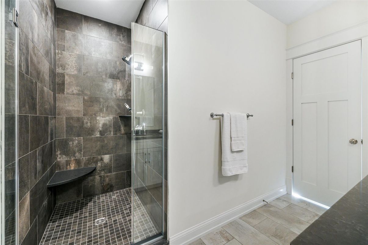 Bathroom, Glass Shower, Interior, Wood Texture Flooring