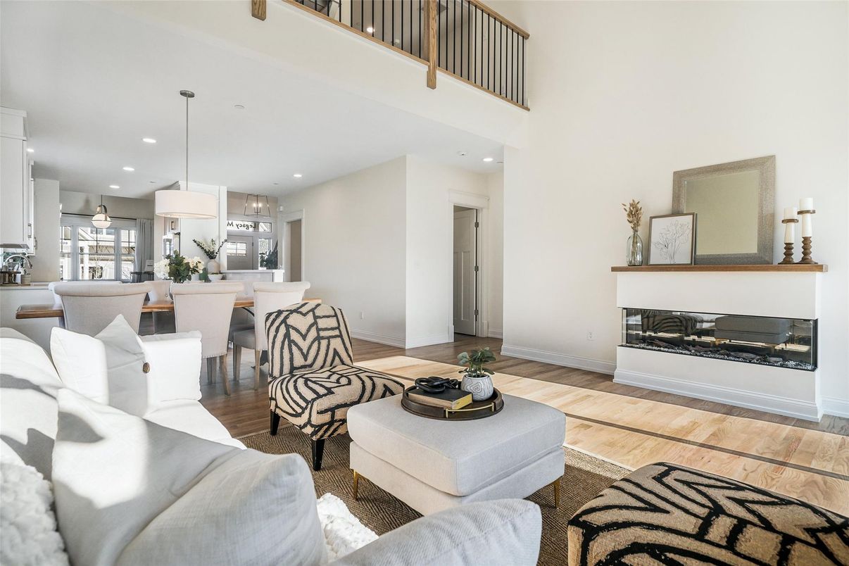 Dining room, Fireplace, Interior, Kitchen, Living room, Pendant Lights, Recessed Lighting, Wood Texture Flooring