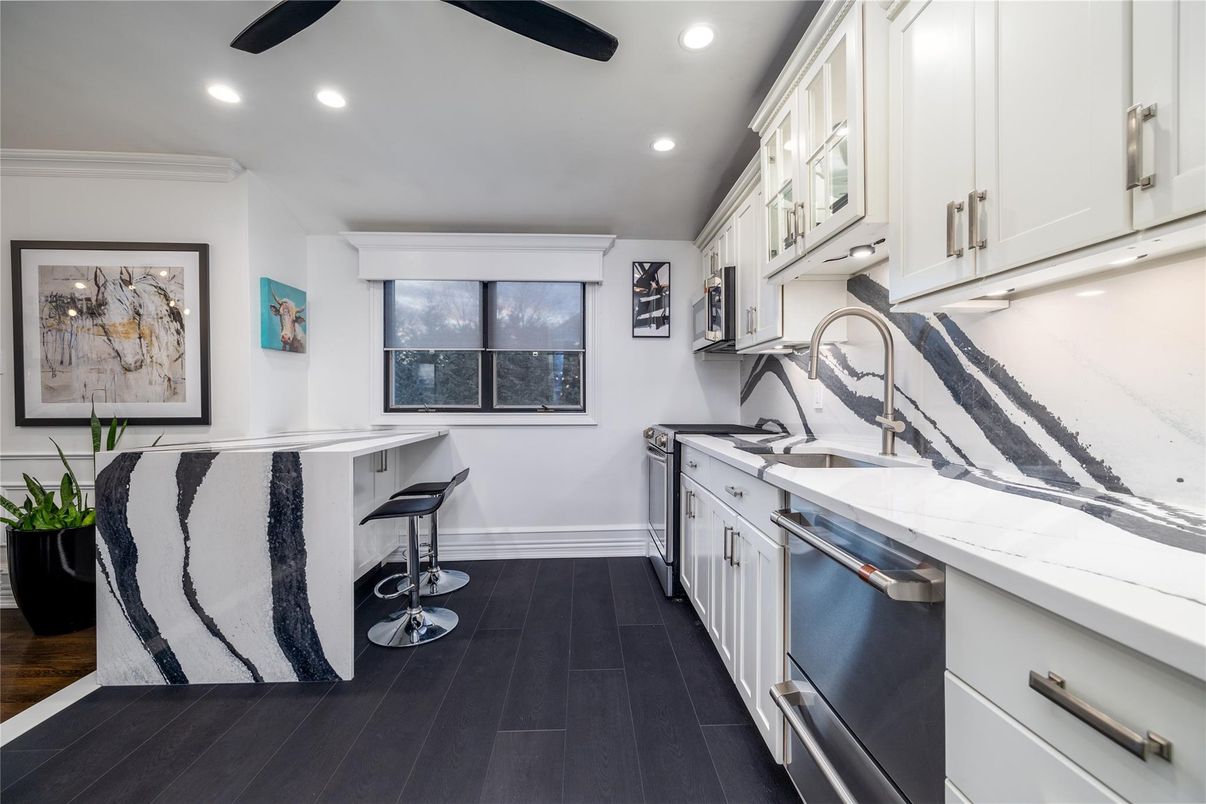 Interior, Kitchen, Recessed Lighting, Stainless Steel Appliances, Wood Texture Flooring