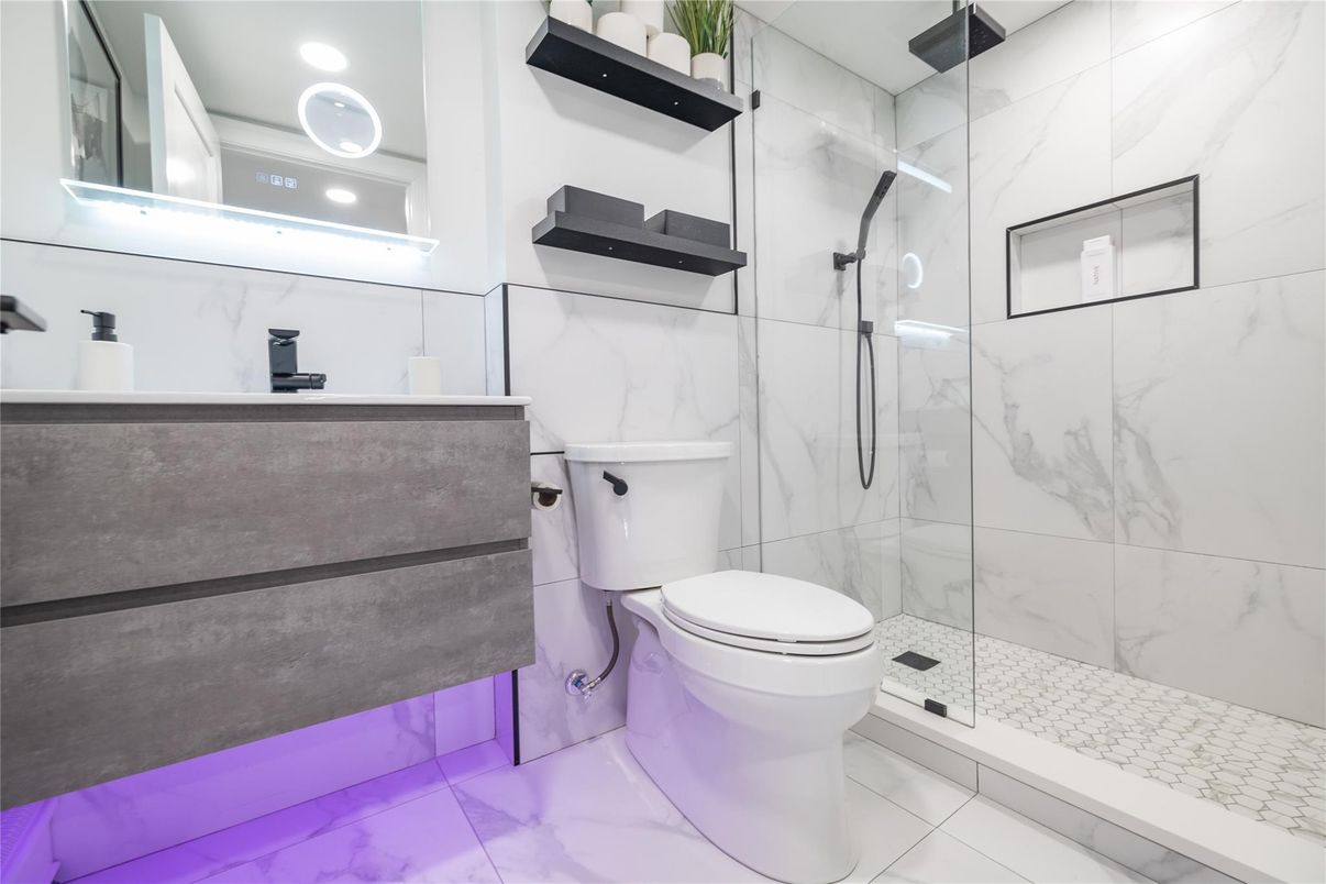 Bathroom, Glass Shower, Interior, Marble, Marble Walls, Recessed Lighting