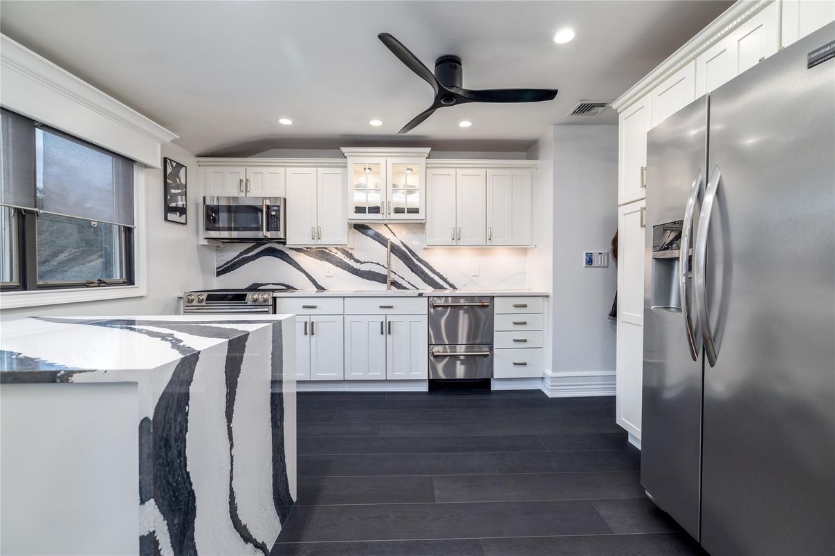 Interior, Kitchen, Recessed Lighting, Stainless Steel Appliances, Wood Texture Flooring
