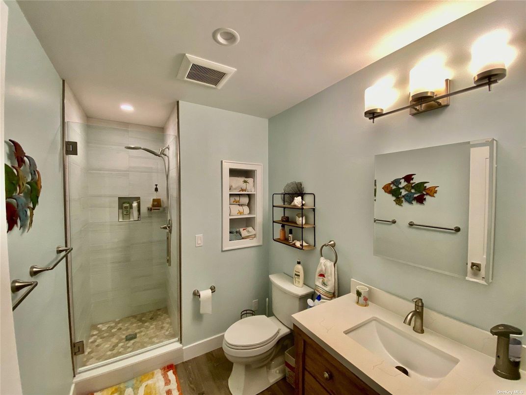 Bathroom, Glass Shower, Interior, Recessed Lighting, Wood Texture Flooring