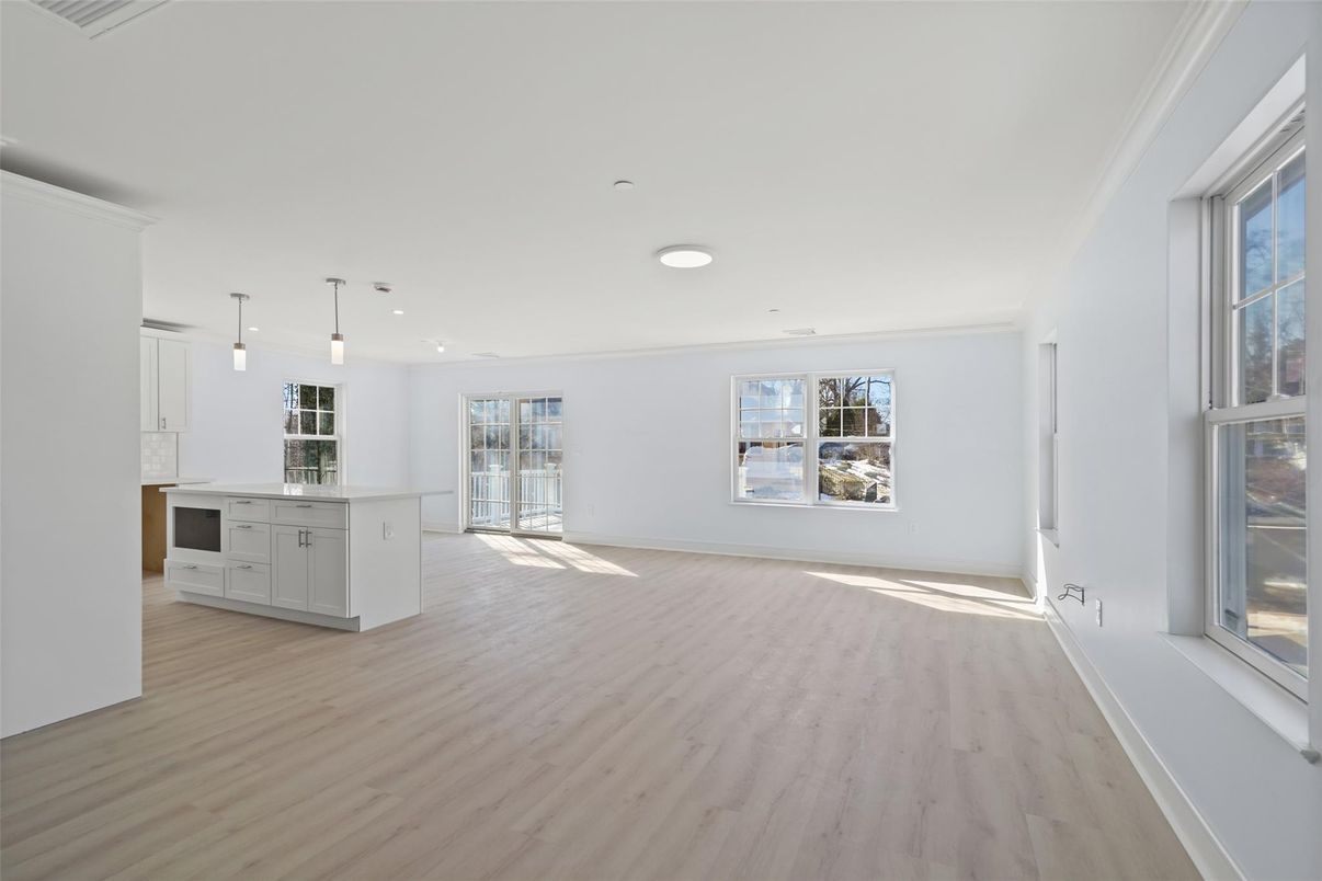 Empty room, Interior, Kitchen, Pendant Lights, Wood Texture Flooring