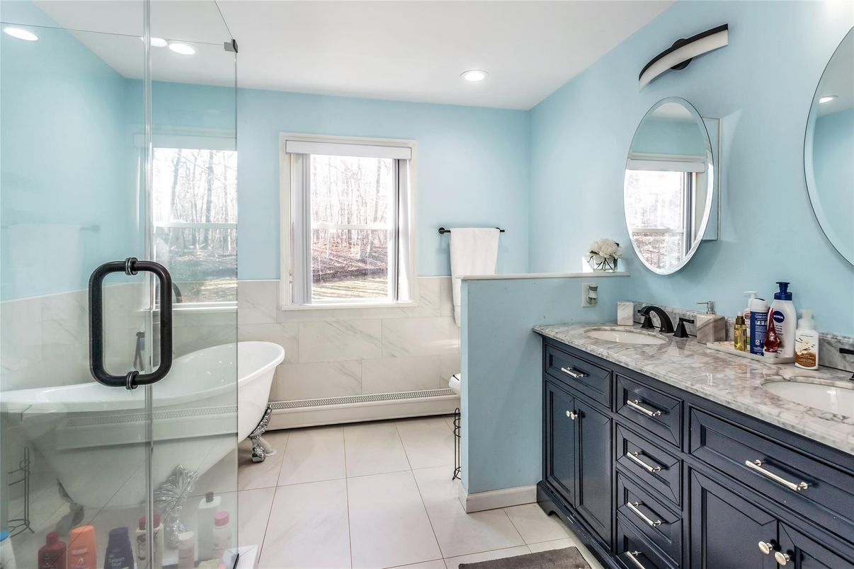Bathroom, Dual Sink Vanities, Free Standing Baths, Interior, Marble Walls, Recessed Lighting