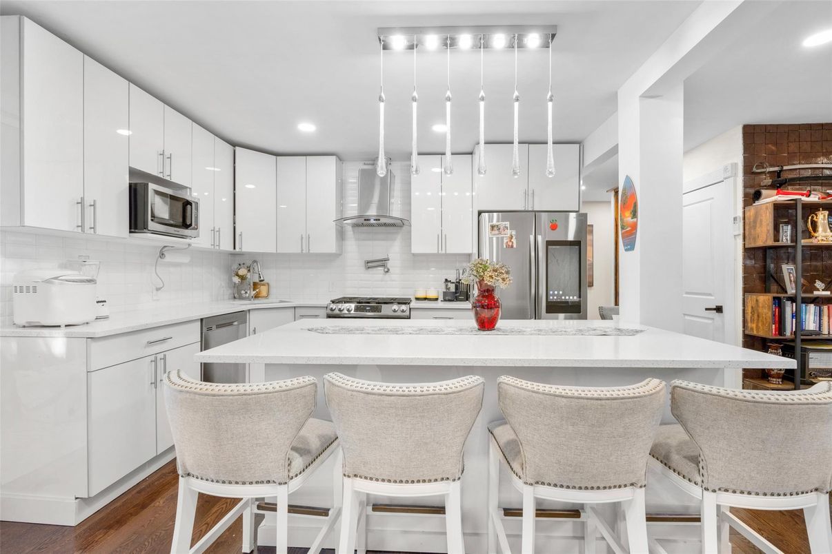 Interior, Kitchen, Pendant Lights, Recessed Lighting, Stainless Steel Appliances, Wood Texture Flooring