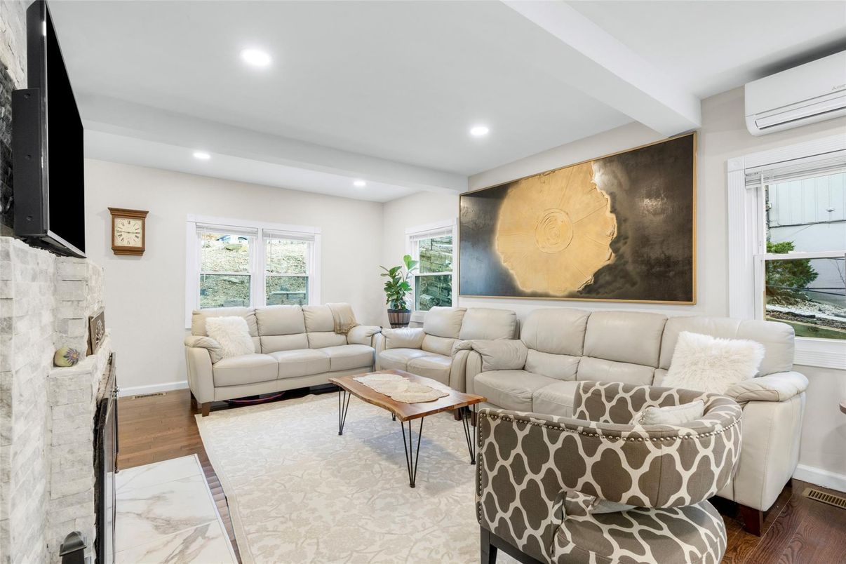 Fireplace, Interior, Living room, Recessed Lighting, Wood Texture Flooring