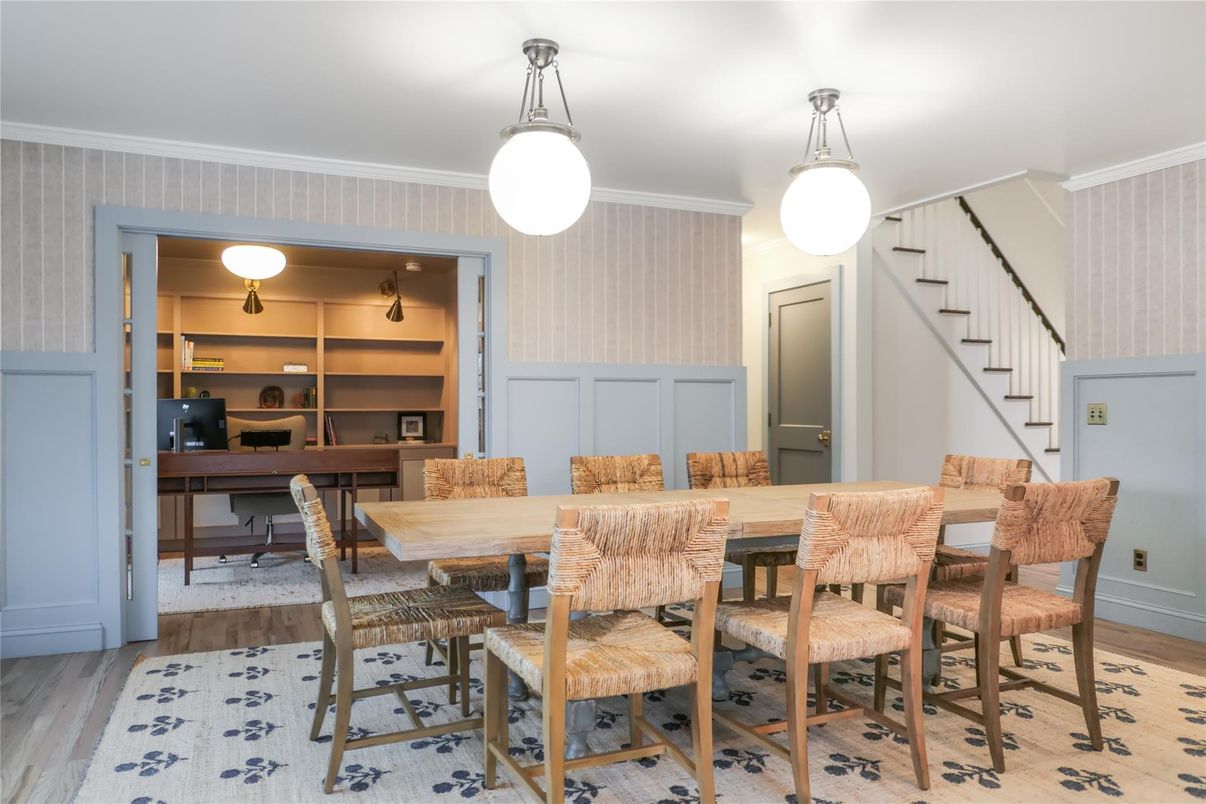 Dining room, Interior, Pendant Lights, Wood Texture Flooring