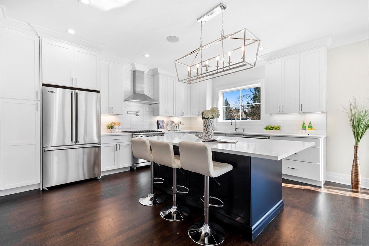 Interior, Kitchen, Pendant Lights, Recessed Lighting, Stainless Steel Appliances, Wood Texture Flooring