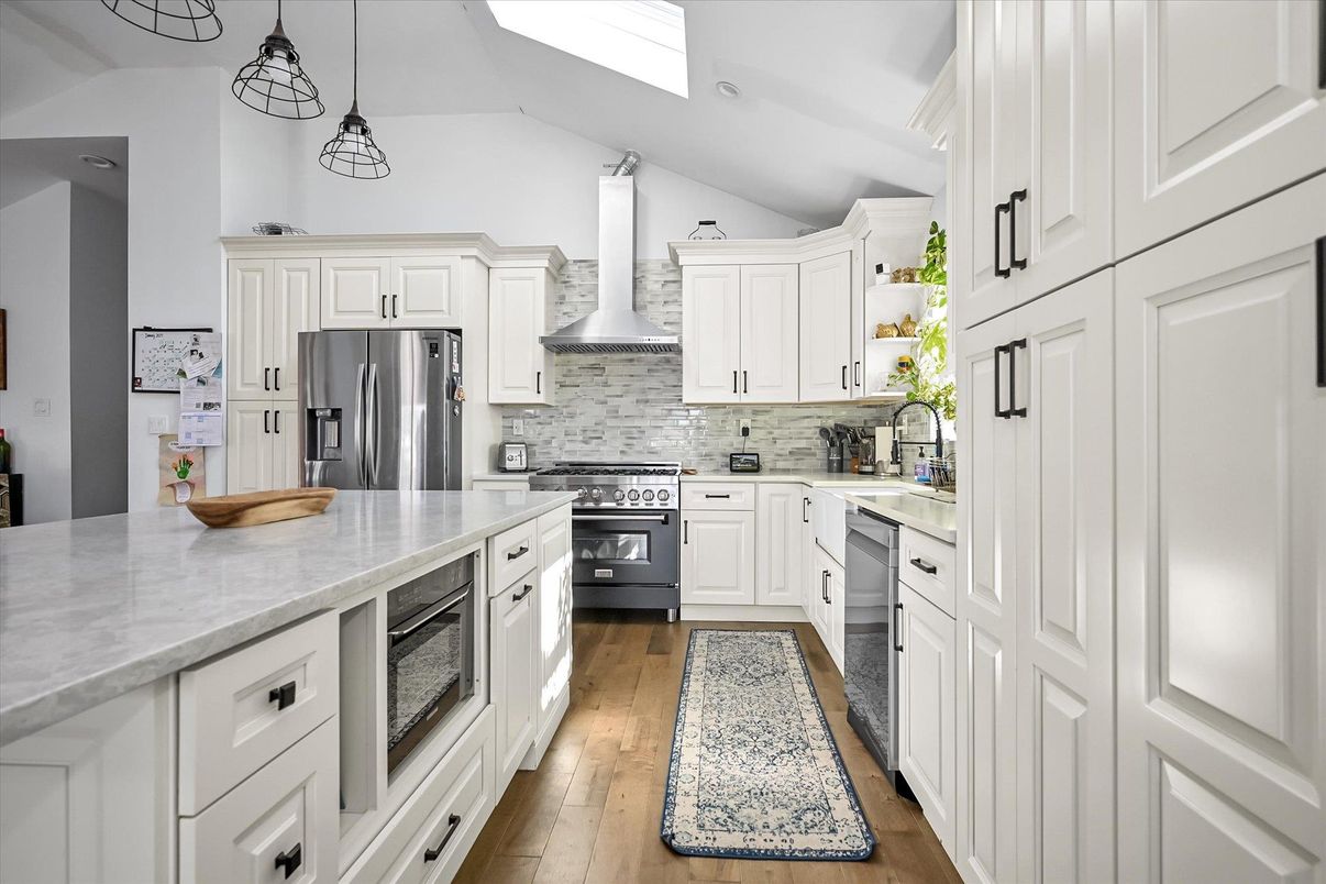 Interior, Kitchen, Pendant Lights, Stainless Steel Appliances, Wood Texture Flooring