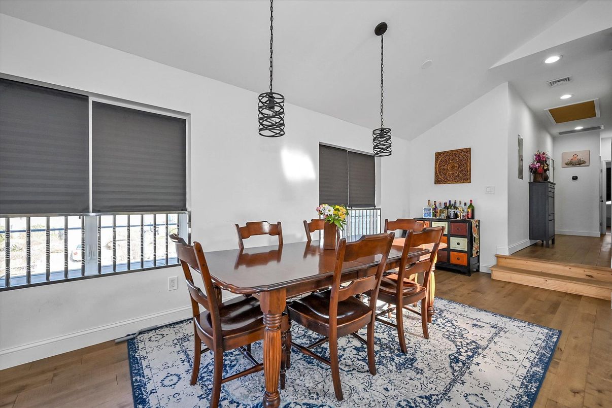 Dining room, Interior, Pendant Lights, Recessed Lighting, Wood Texture Flooring
