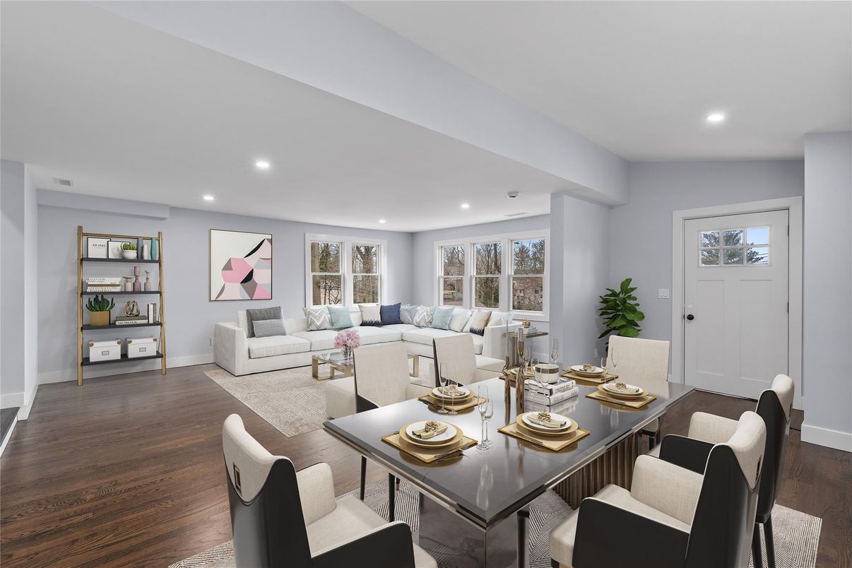 Dining room, Interior, Living room, Recessed Lighting, Wood Texture Flooring