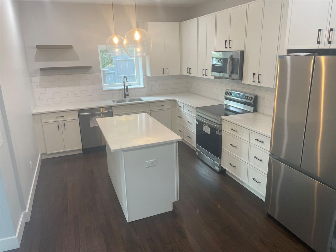 Interior, Kitchen, Pendant Lights, Stainless Steel Appliances, Wood Texture Flooring