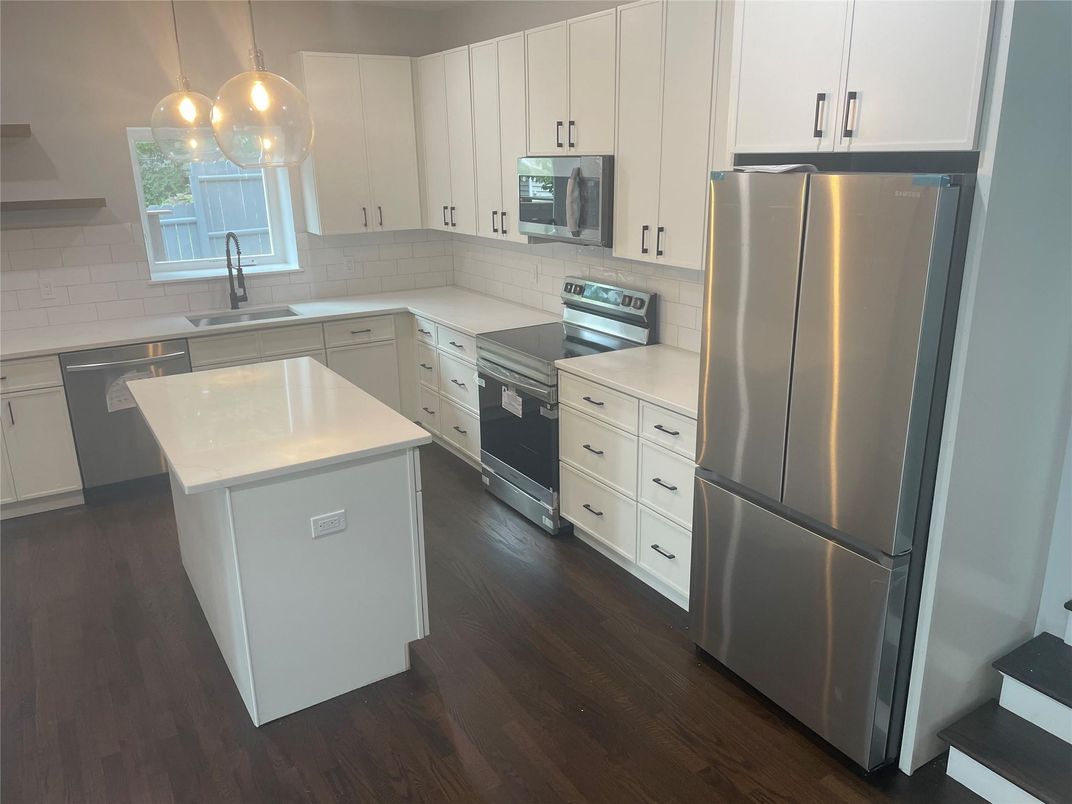 Interior, Kitchen, Pendant Lights, Stainless Steel Appliances, Wood Texture Flooring