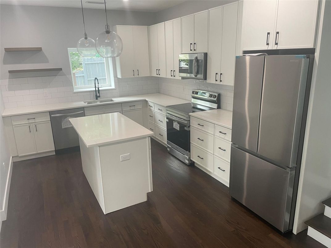 Interior, Kitchen, Pendant Lights, Stainless Steel Appliances, Wood Texture Flooring