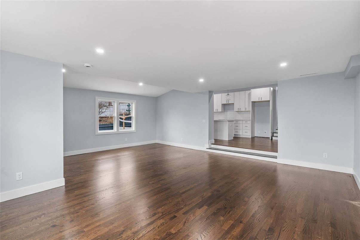 Empty room, Interior, Kitchen, Recessed Lighting, Wood Texture Flooring