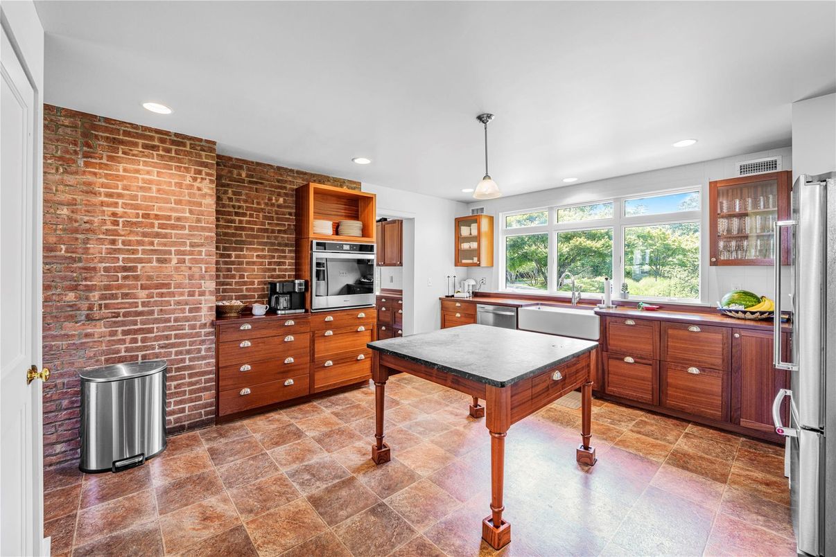 Interior, Kitchen, Pendant Lights, Recessed Lighting, Stainless Steel Appliances, Stone Walls
