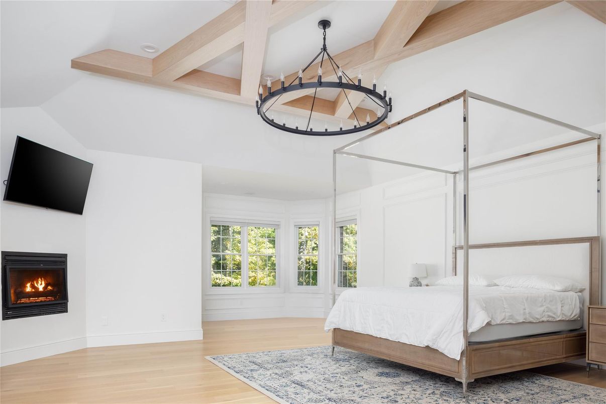 Bedroom, Fireplace, Interior, Pendant Lights, Wood Texture Flooring