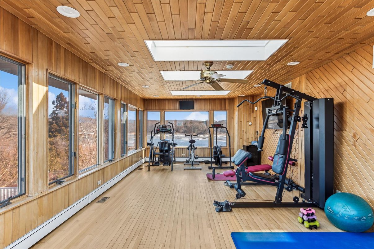 Fitness Equipment, Interior, Recessed Lighting, Wooden Ceilings, Wood Texture Flooring, Wooden Walls