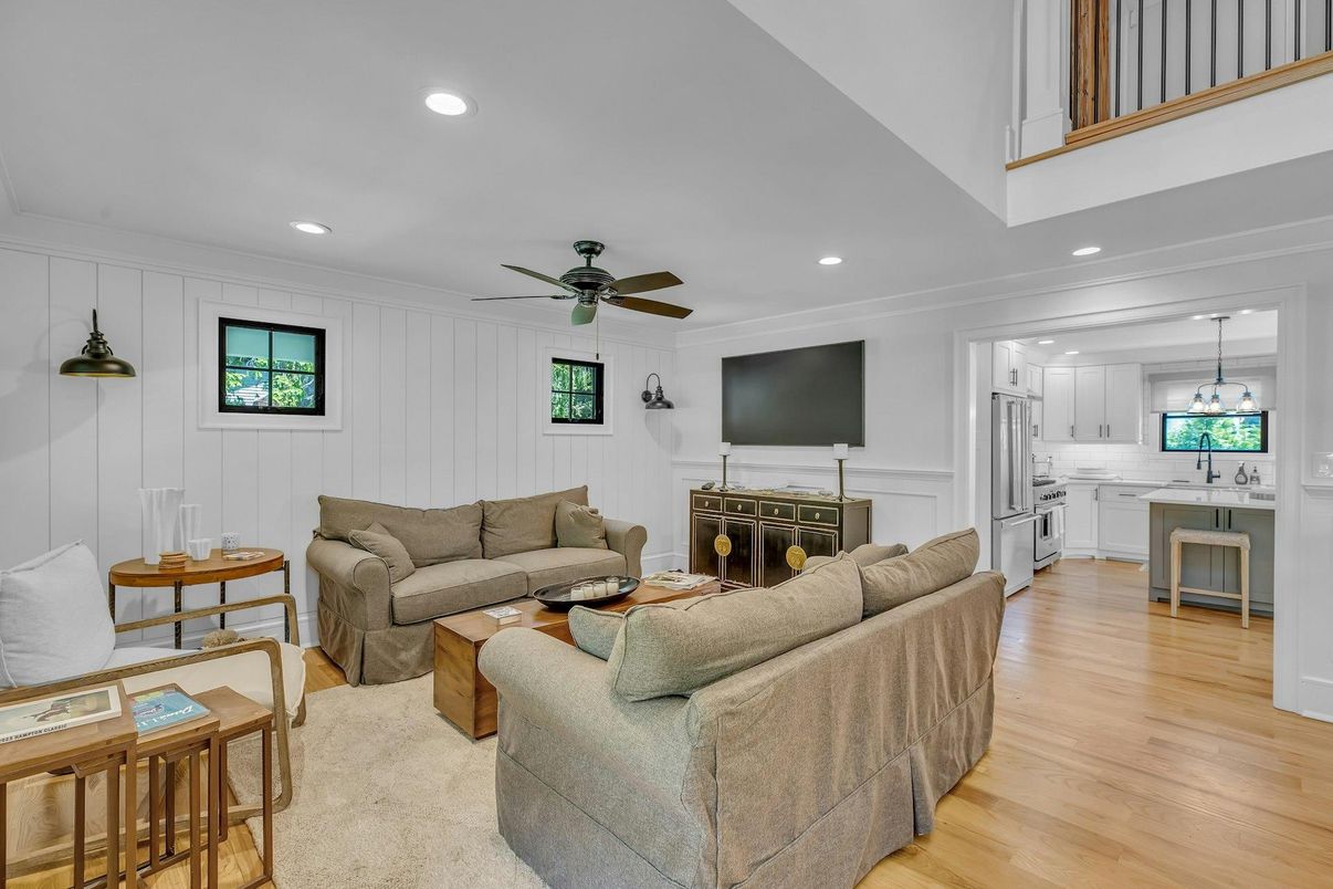 Fireplace, Interior, Kitchen, Living room, Pendant Lights, Recessed Lighting, Wood Texture Flooring