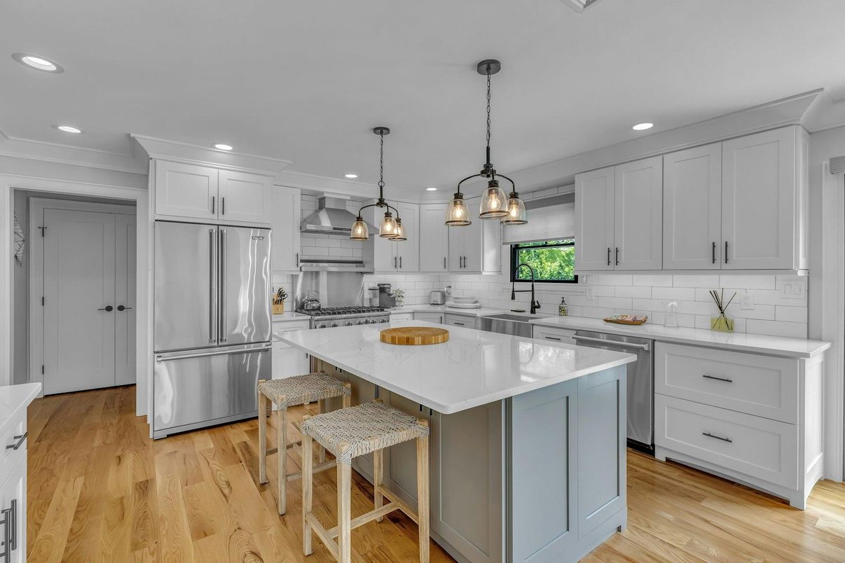 Interior, Kitchen, Pendant Lights, Recessed Lighting, Stainless Steel Appliances, Wood Texture Flooring