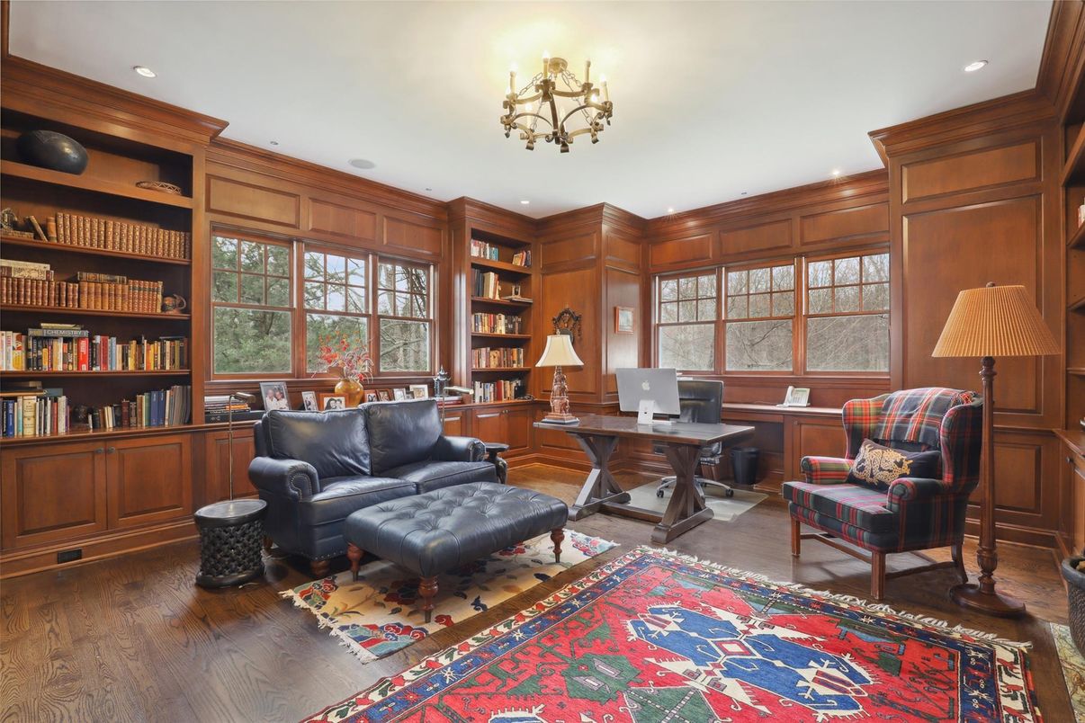 Chandelier, Home Office, Interior, Recessed Lighting, Wood Texture Flooring, Wooden Walls