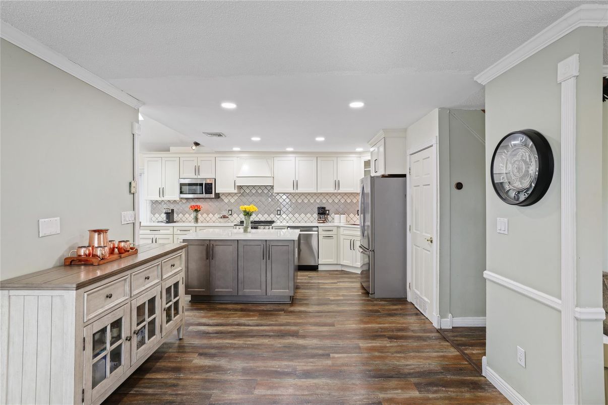 Interior, Kitchen, Recessed Lighting, Stainless Steel Appliances, Wood Texture Flooring