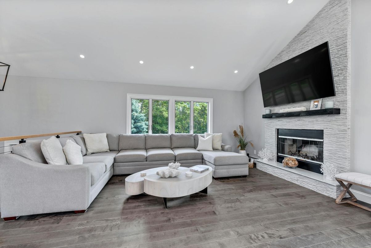 Fireplace, Interior, Living room, Recessed Lighting, Wood Texture Flooring
