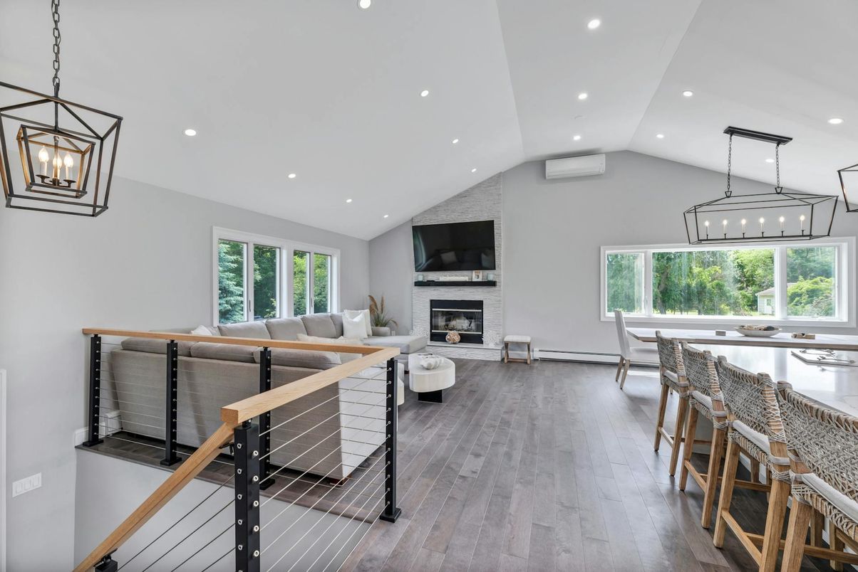 Fireplace, Interior, Living room, Pendant Lights, Recessed Lighting, Wood Texture Flooring