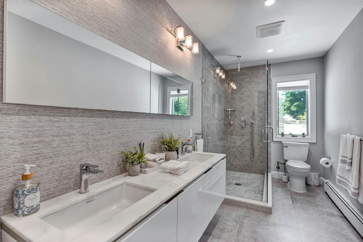 Bathroom, Dual Sink Vanities, Glass Shower, Interior, Recessed Lighting