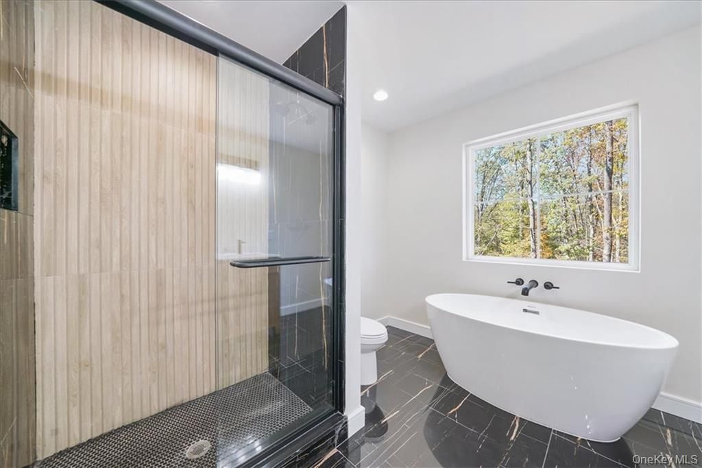 Bathroom, Free Standing Baths, Glass Shower, Interior, Marble, Recessed Lighting