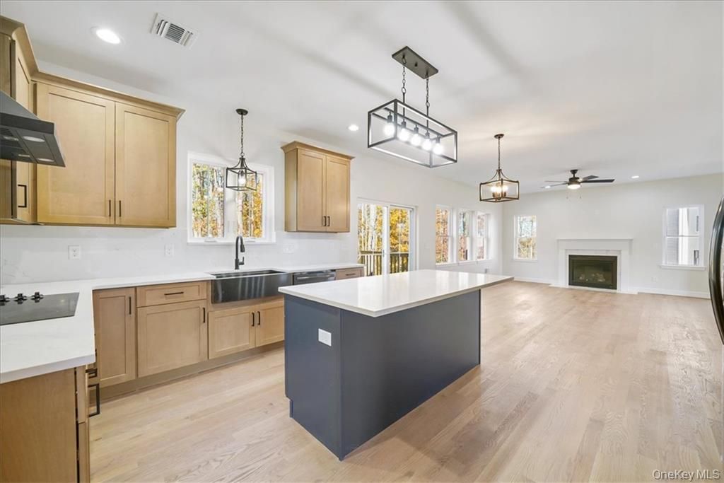 Fireplace, Interior, Kitchen, Pendant Lights, Recessed Lighting, Wood Texture Flooring