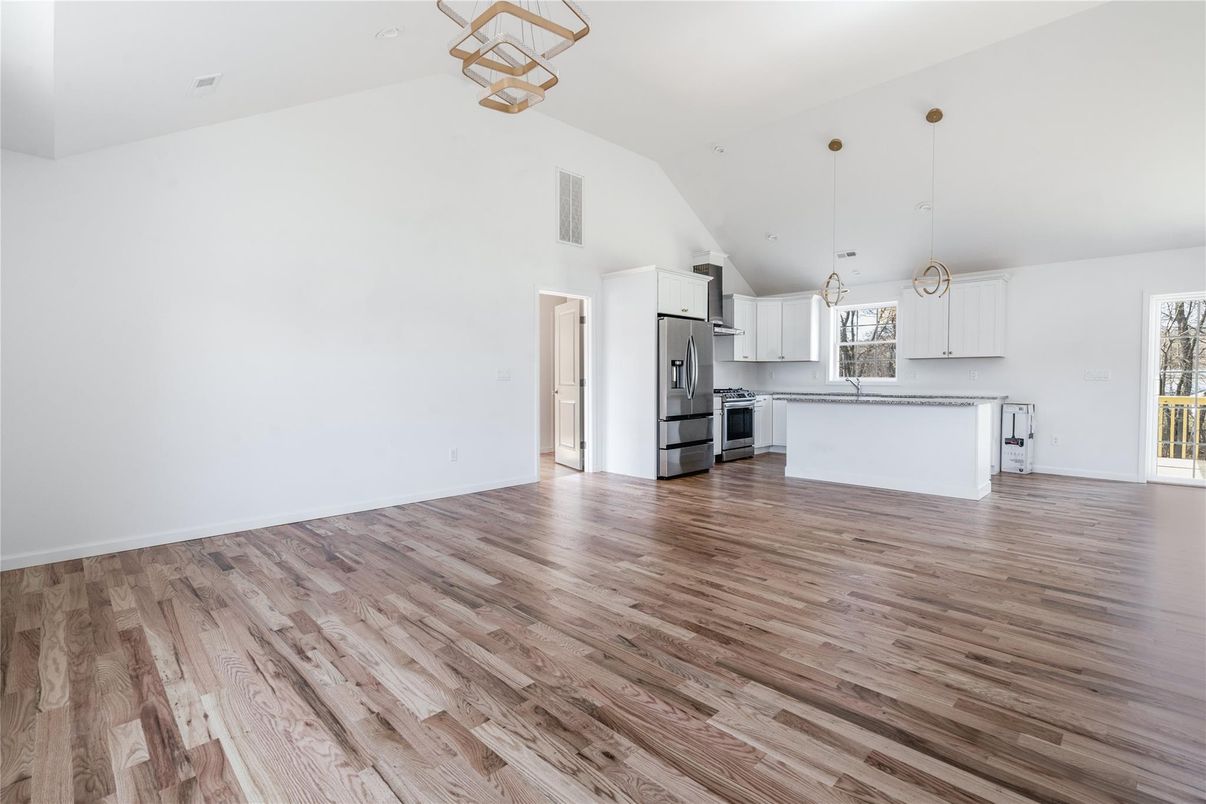 Empty room, Interior, Kitchen, Pendant Lights, Wood Texture Flooring