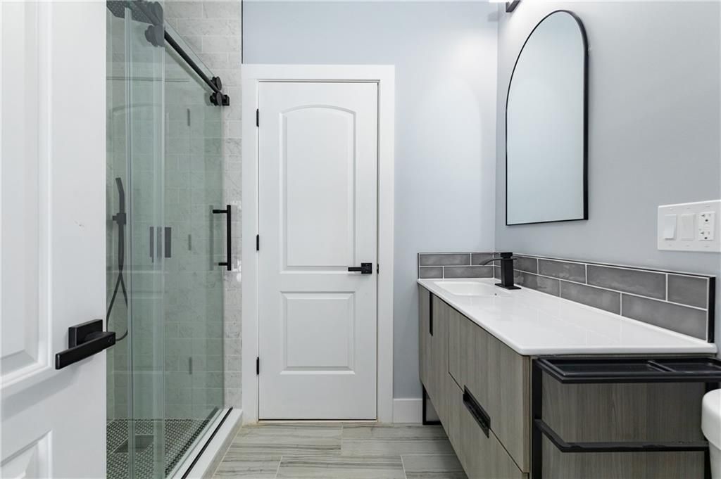 Bathroom, Glass Shower, Interior, Wood Texture Flooring