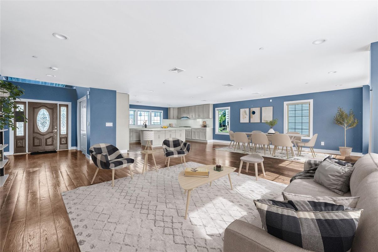 Dining room, Interior, Kitchen, Living room, Recessed Lighting, Wood Texture Flooring