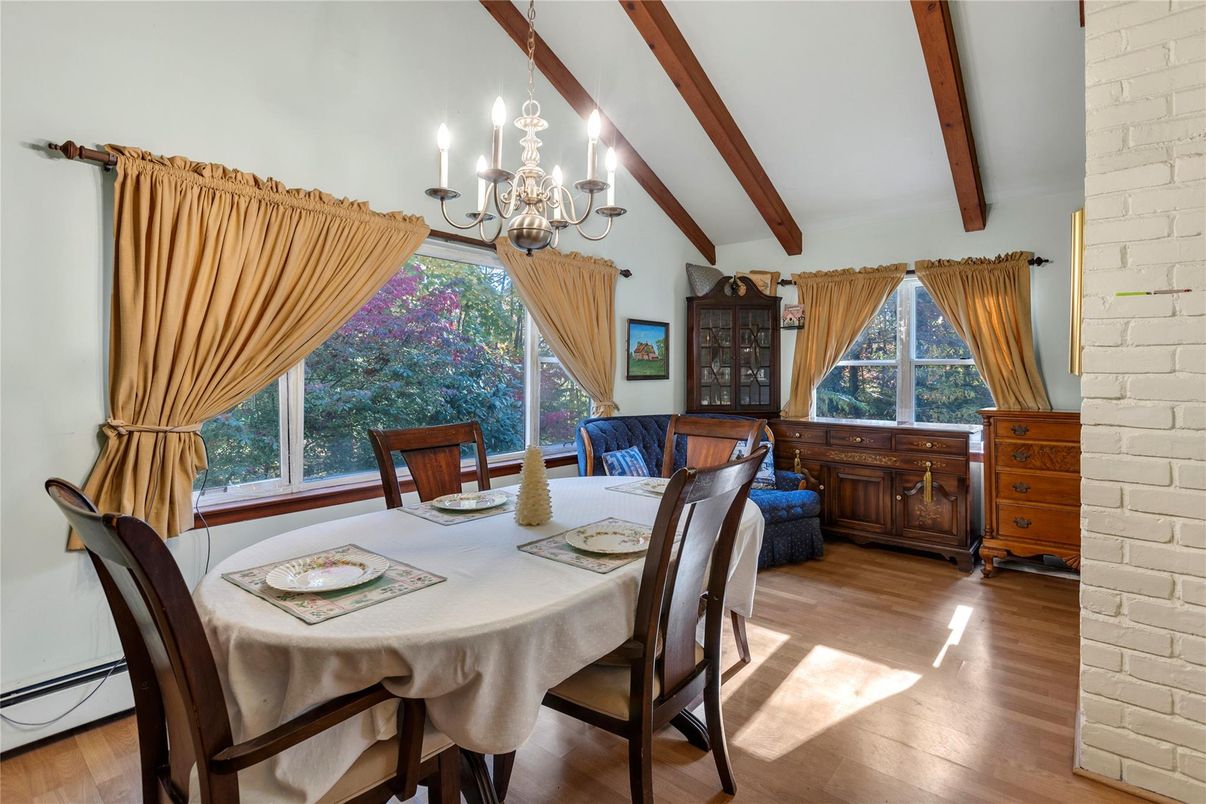 Chandelier, Dining room, Interior, Stone Walls, Wooden Beams, Wood Texture Flooring