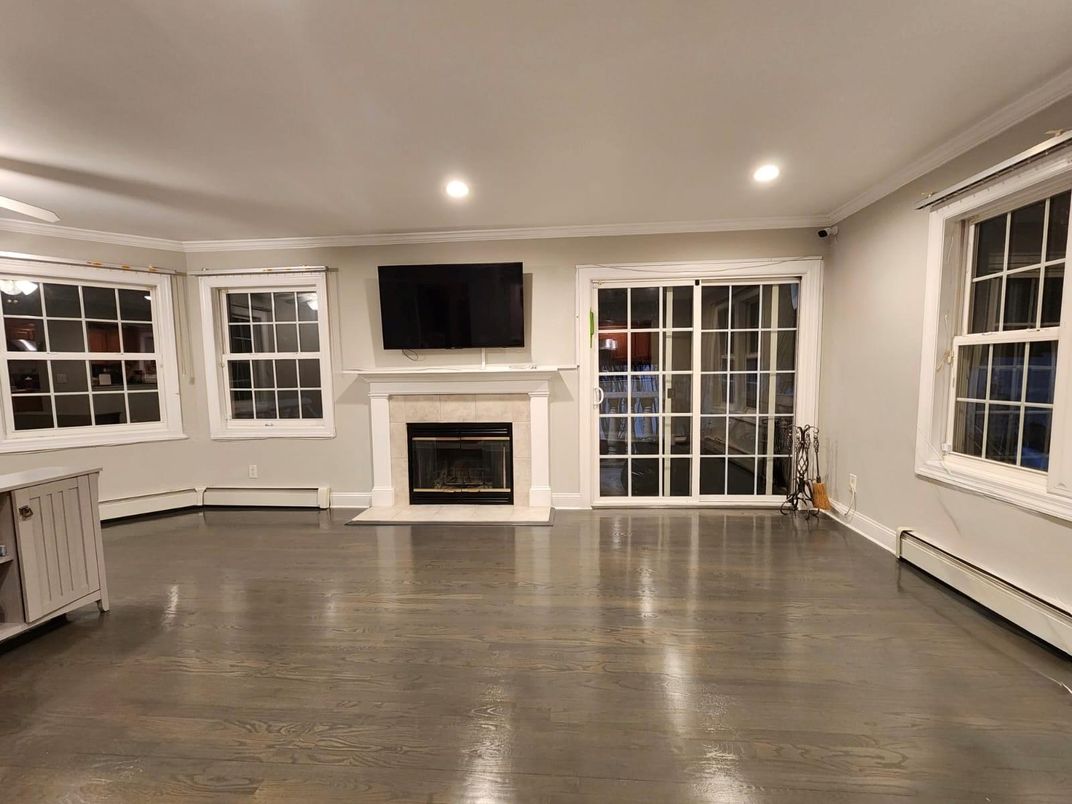 Empty room, Fireplace, Interior, Recessed Lighting, Wood Texture Flooring