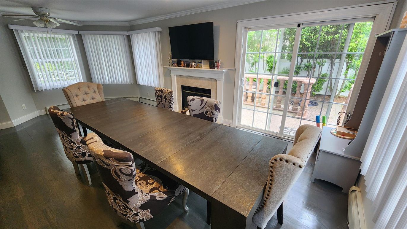 Dining room, Fireplace, Interior, Wood Texture Flooring