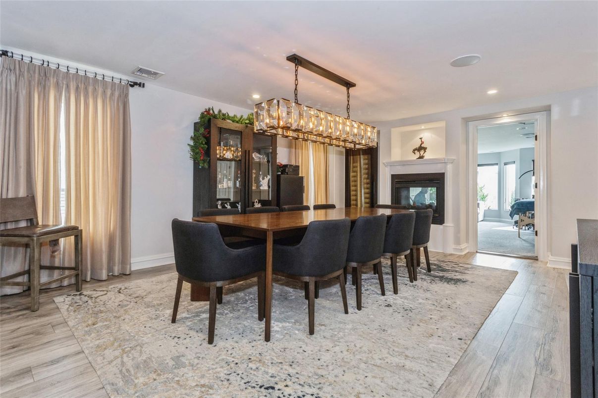 Chandelier, Dining room, Fireplace, Interior, Piano, Recessed Lighting, Wood Texture Flooring