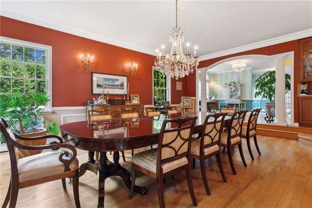 Chandelier, Dining room, Interior, Wood Texture Flooring