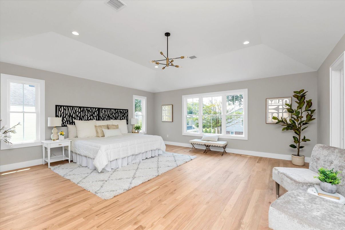 Bedroom, Interior, Pendant Lights, Recessed Lighting, Wood Texture Flooring