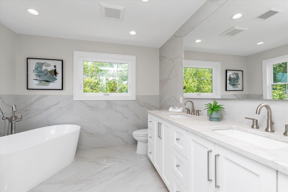 Bathroom, Dual Sink Vanities, Free Standing Baths, Interior, Marble, Marble Walls, Recessed Lighting
