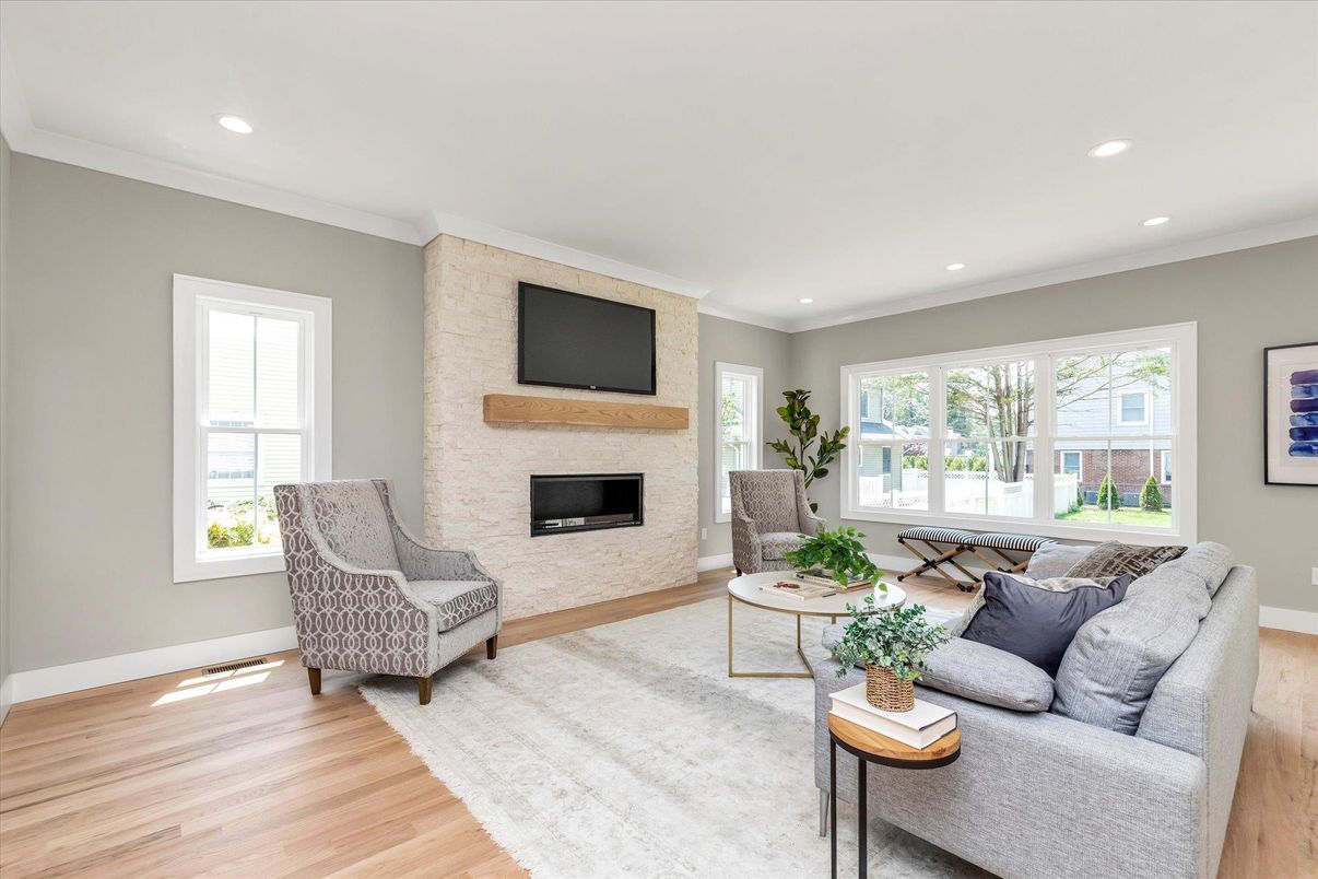 Fireplace, Interior, Living room, Recessed Lighting, Wood Texture Flooring