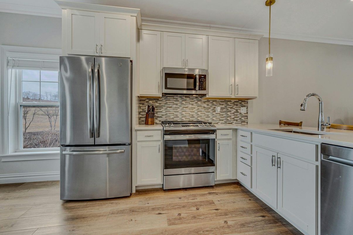 Interior, Kitchen, Pendant Lights, Stainless Steel Appliances, Wood Texture Flooring