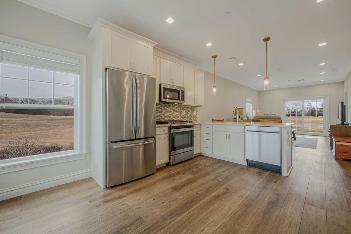 Interior, Kitchen, Pendant Lights, Recessed Lighting, Stainless Steel Appliances, Wood Texture Flooring
