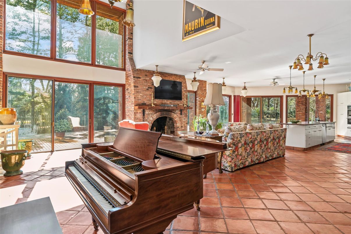 Fireplace, Interior, Living room, Pendant Lights, Piano, Stone Walls